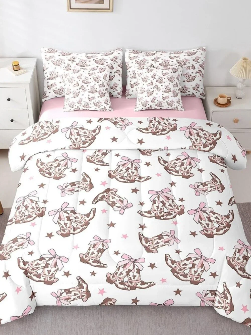 Cowgirl 7 Pieces Bedding Set Twin,Western Tribal Boots Pink Princess Bowknot Whi